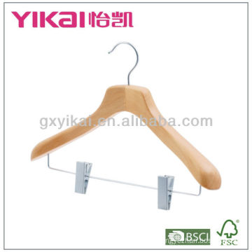 Natural color wooden coat hanger with metal clips